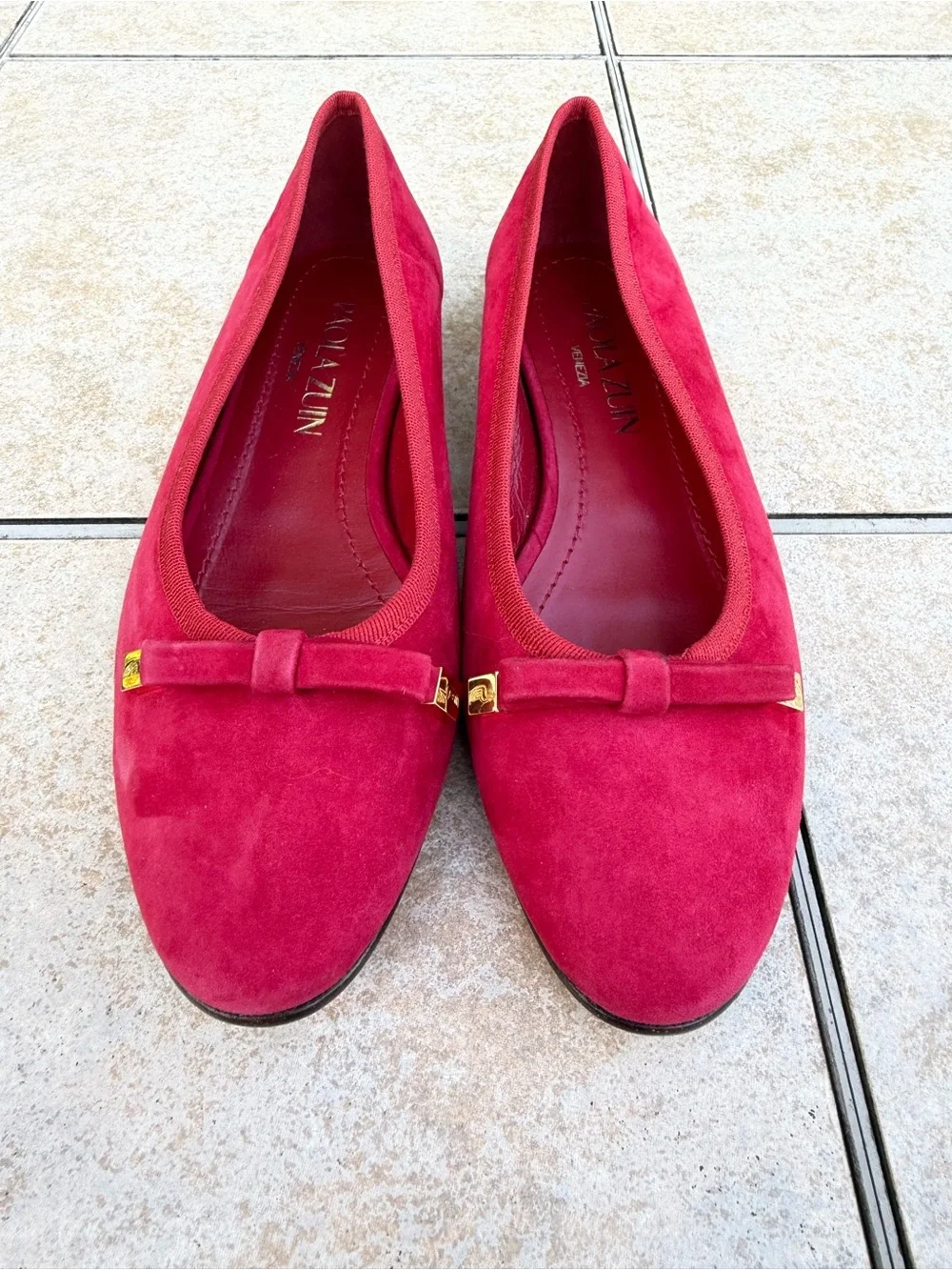 Paola Zuin Audrey Bow Ballet Flats in Bordeaux Red Suede